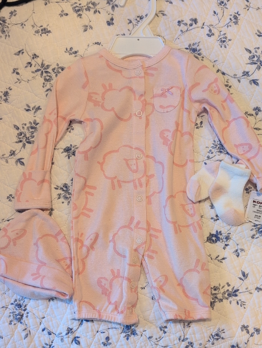 Carter's Soft Pink Baby One-Piece with Sheep Print , Cap And Socks Newborn